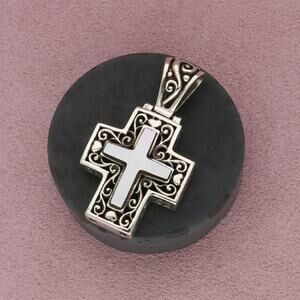 sterling silver 2-sided onyx & mother of pearl scroll cross pendant